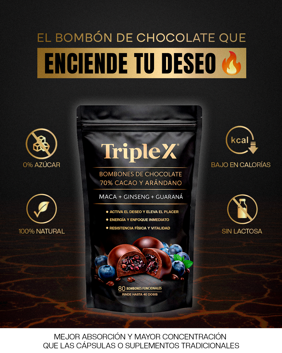 Bombones Funcionales de Chocolate Triple X® (80 Bombones) - La Nueva Forma de Consumir Suplementos